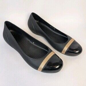 CROCS Black Cap Toe Gold Band Ballet Flats Women’s Size 10